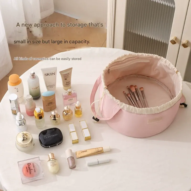 Instagram-style upgraded portable lazy makeup bag - bucket drawstring pouch, portable large capacity cosmetics drawstring storage bag