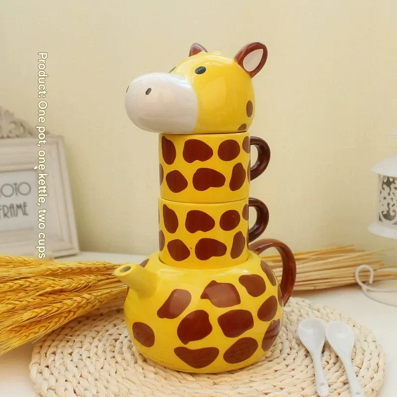 Creative Ceramic Mug with Cute Giraffe Animal Design, Includes Lid, Couple's Matching Set, Gift Set