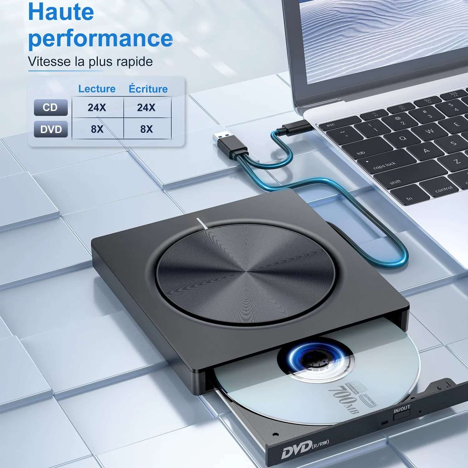 Multi-Function External DVD Drive Burner, USB Type-C CD&DVD Rewriter for Laptops and Desktop Computers