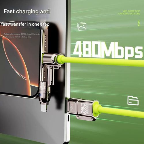 240W 4-in-1 Data Cable, Dual Type-C, Compatible with Apple & Huawei Phones, PD Fast Charging, 2-Port Y-Splitter Charging Cable