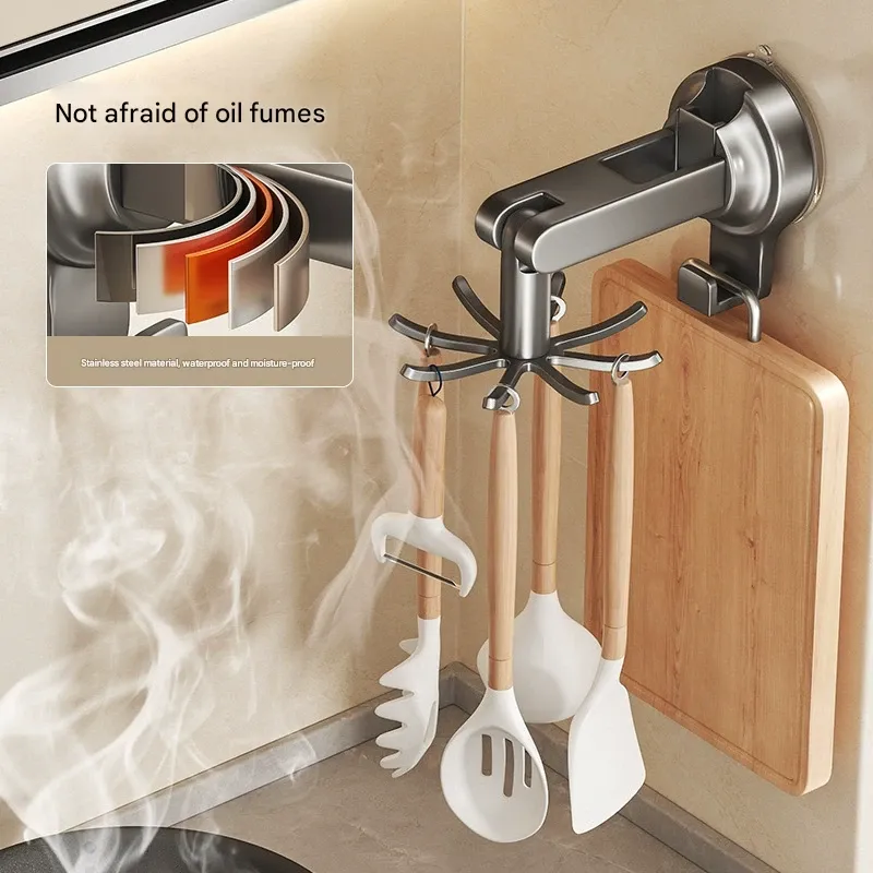 Kitchen Swivel Suction Cup Storage Hook  Wall-Mounted Pot Scoop Spatula Chopping Board Organizer  No-Drilling Kitchen Utensil Rack