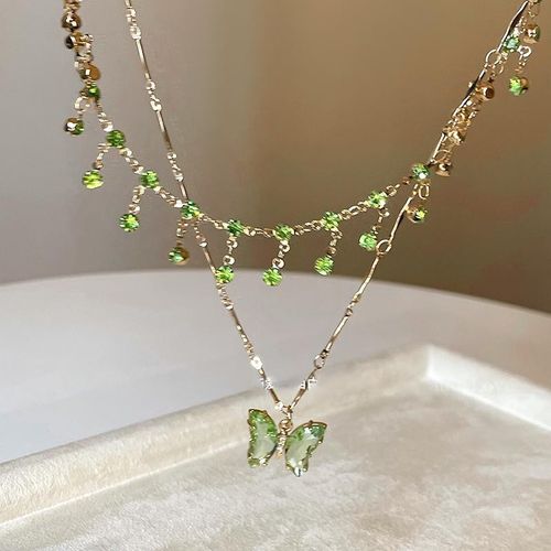 Green butterfly double-layer tassel necklace summer cool high-end choker necklace accessories female niche clavicle chain