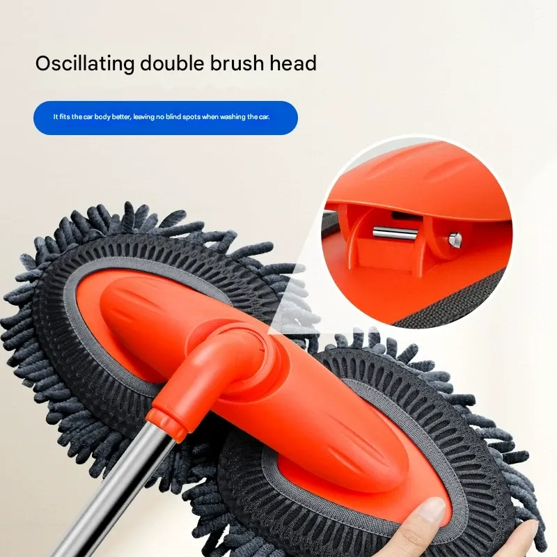 Car Washing Mop with Rotating and Telescoping Handle, Soft Bristle Brush, Long Handle, Dual-Head Car Cleaning Mop