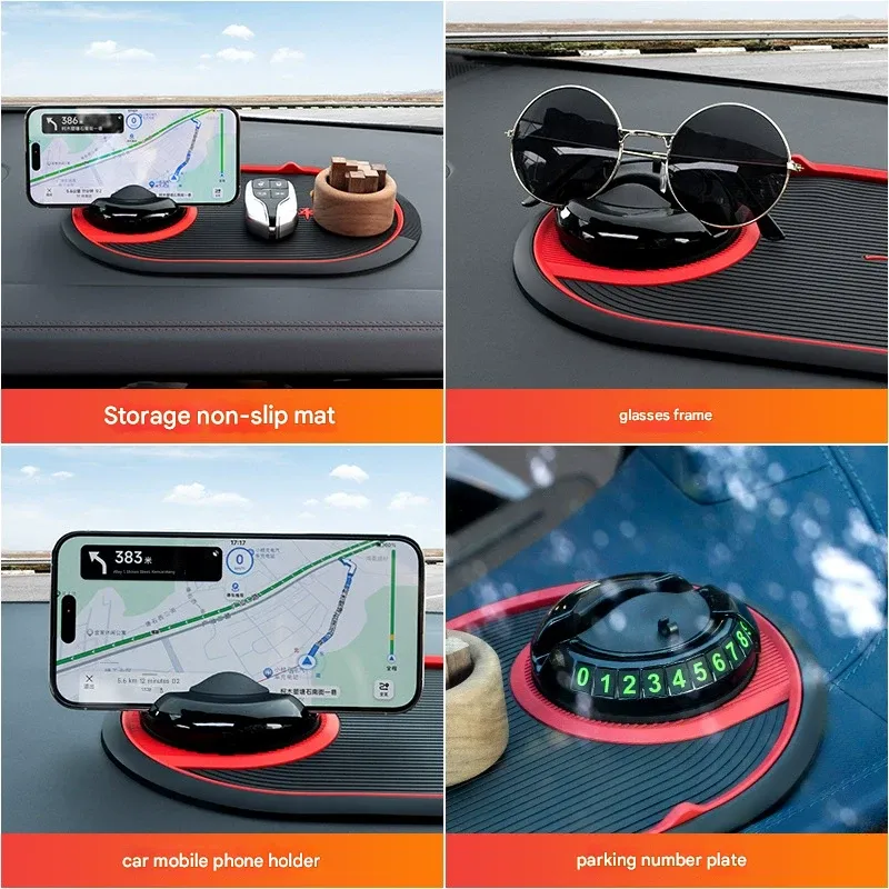 Multi-functional 4-in-1 Car Phone Holder - Features a Hideable Phone Stand, Slip-Free Pad, Navigation Mount, and Parking Number Card.