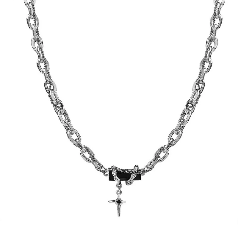 Niche Design Wrapped Black Zirconia Cross Statement Necklace - Unisex Titanium Steel Collarbone Chain for Trendy Clubbing