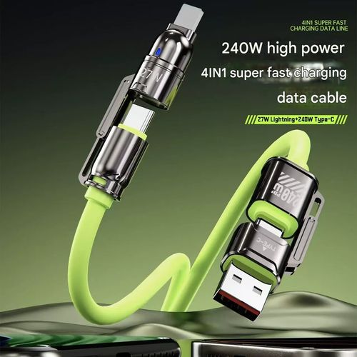 240W 4-in-1 Data Cable, Dual Type-C, Compatible with Apple & Huawei Phones, PD Fast Charging, 2-Port Y-Splitter Charging Cable