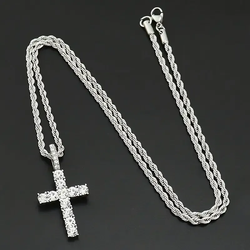 Hip Hop Cross Cubic Zirconia Necklaces for Men Christian Cross Pendant Necklace 18-24 Inches Chain - Religious Jewelry Gift