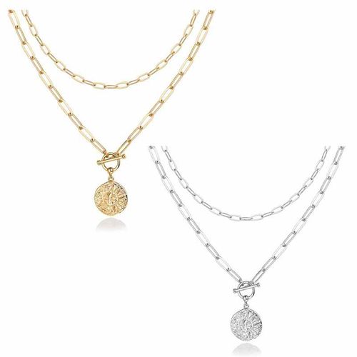 Sun and Moon Pendant Necklace  Textured Relief Round Medallion Pendant with O-Chain Multi-Layer Alloy Necklace