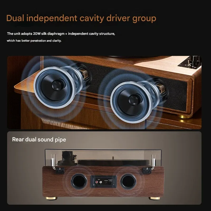 Vintage Turntable with Bluetooth – All-in-One Retro Record Player & Hi-Fi Speaker (Dual Independent Drivers)