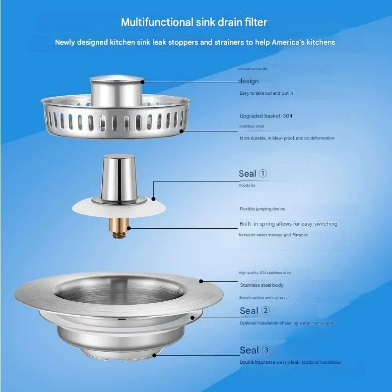 （2 packs）Stainless Steel Kitchen Sink Pop-up Drain Basket Strainer Sink Filter Plug Stopper