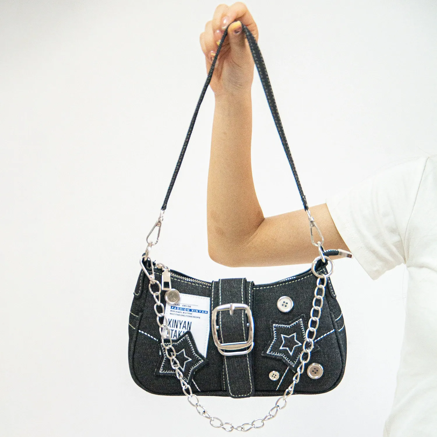 New Fashion Y2K Hot Girl Black Star Denim Underarm Bag - Niche Crossbody Chain Bag