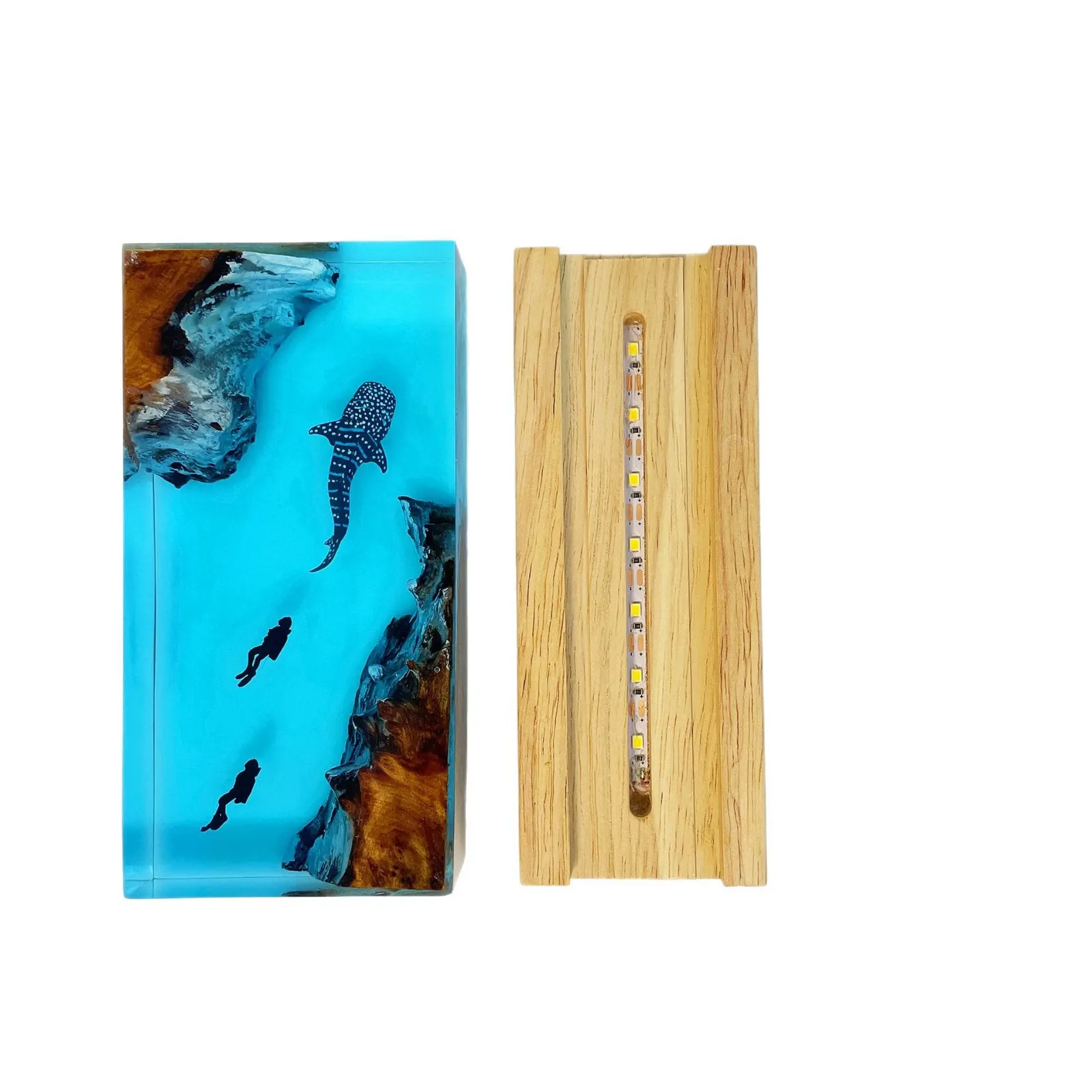 Whale Shark & Diver Resin Night Light  Scuba Diving Deep Sea Exploration Personalized Wood Lamp | Home Decor Gift