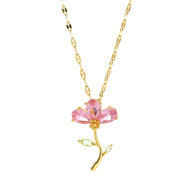 （Box not included）Cherry Blossom Necklace, Pink Zircon Collarbone Chain - Minimalist & Unique Aesthetic Jewelry