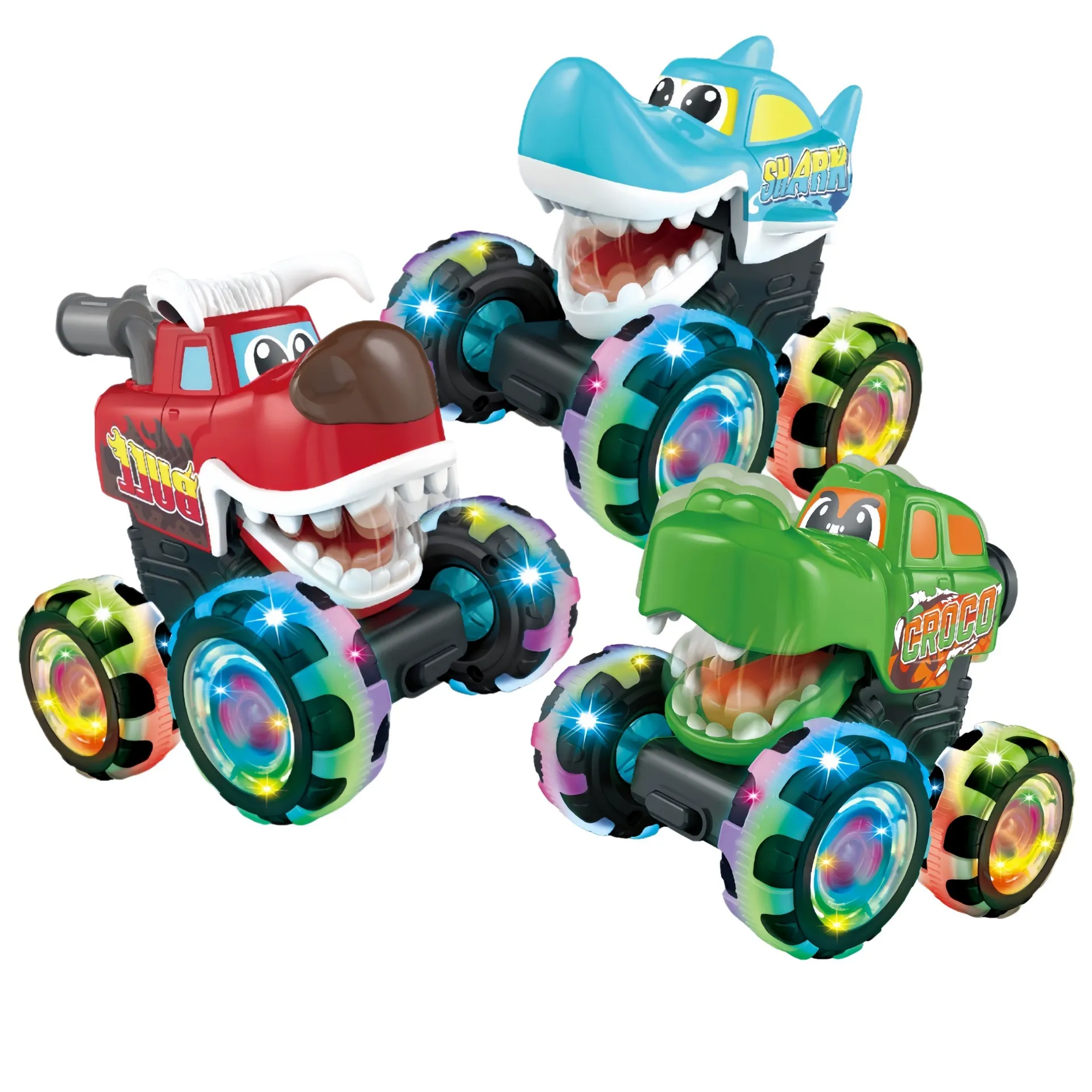 （Three-pack）Kids' Light-Up Toy Car & Hot Press-and-Go Monster Stomp Friction Power Sliding Car - As Gifts