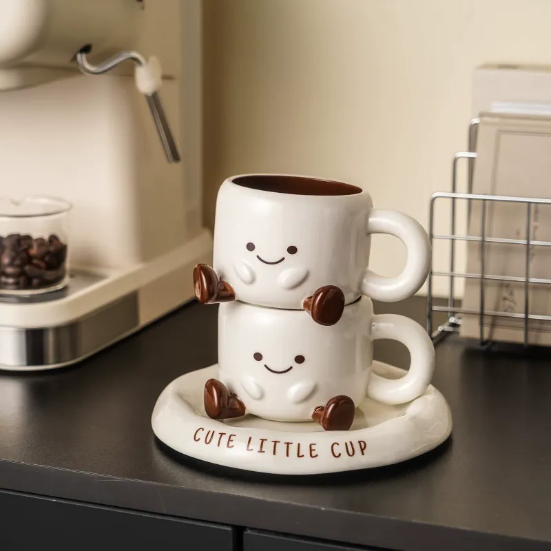 Cartoon Minimalist Ceramic Coffee Cup & Saucer Set, Gift Boxed - Ideal for Gifting and Home Use