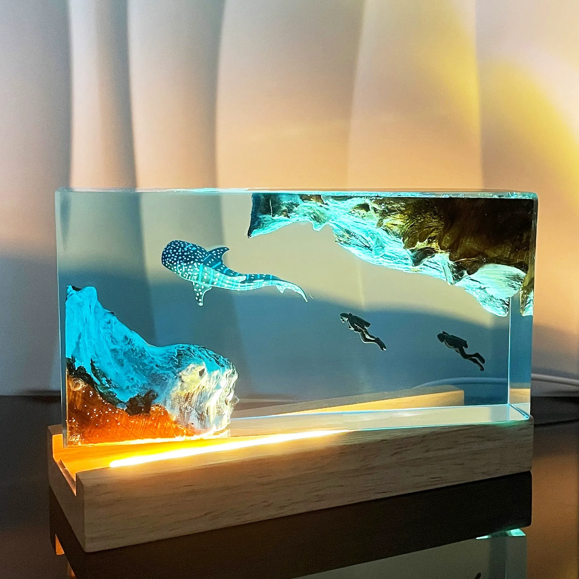 Whale Shark & Diver Resin Night Light  Scuba Diving Deep Sea Exploration Personalized Wood Lamp | Home Decor Gift