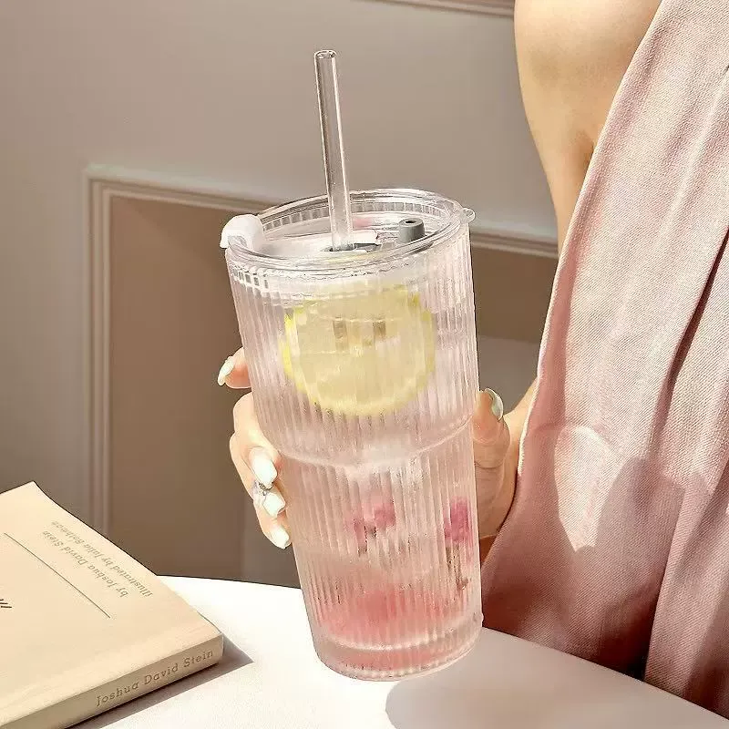 (2-Pack!!) Instagrammable Large Capacity Glass Tumbler with Lid & Straw - Vertical Stripe Design - Aesthetic Cold Drink Cup for Juice, Water and Coffee