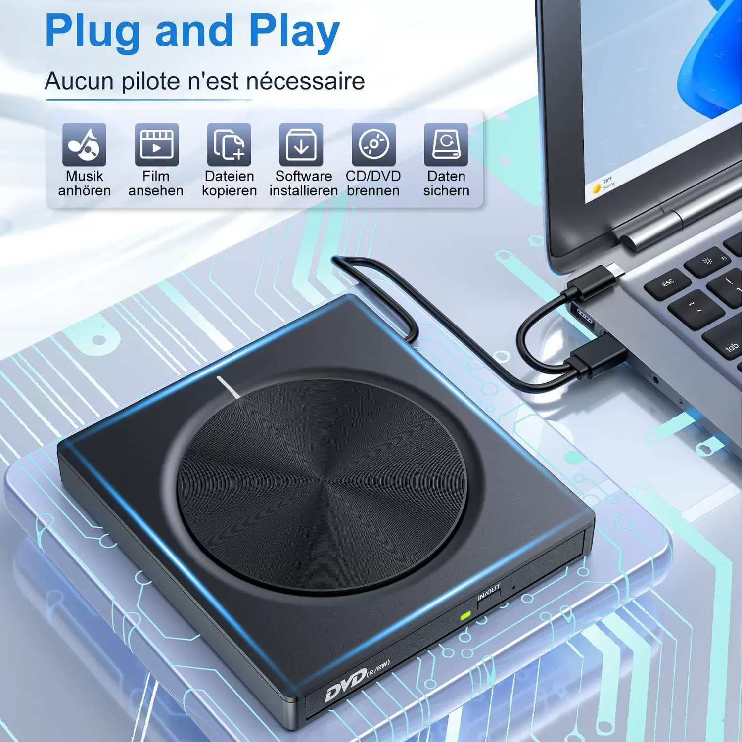 Multi-Function External DVD Drive Burner, USB Type-C CD&DVD Rewriter for Laptops and Desktop Computers