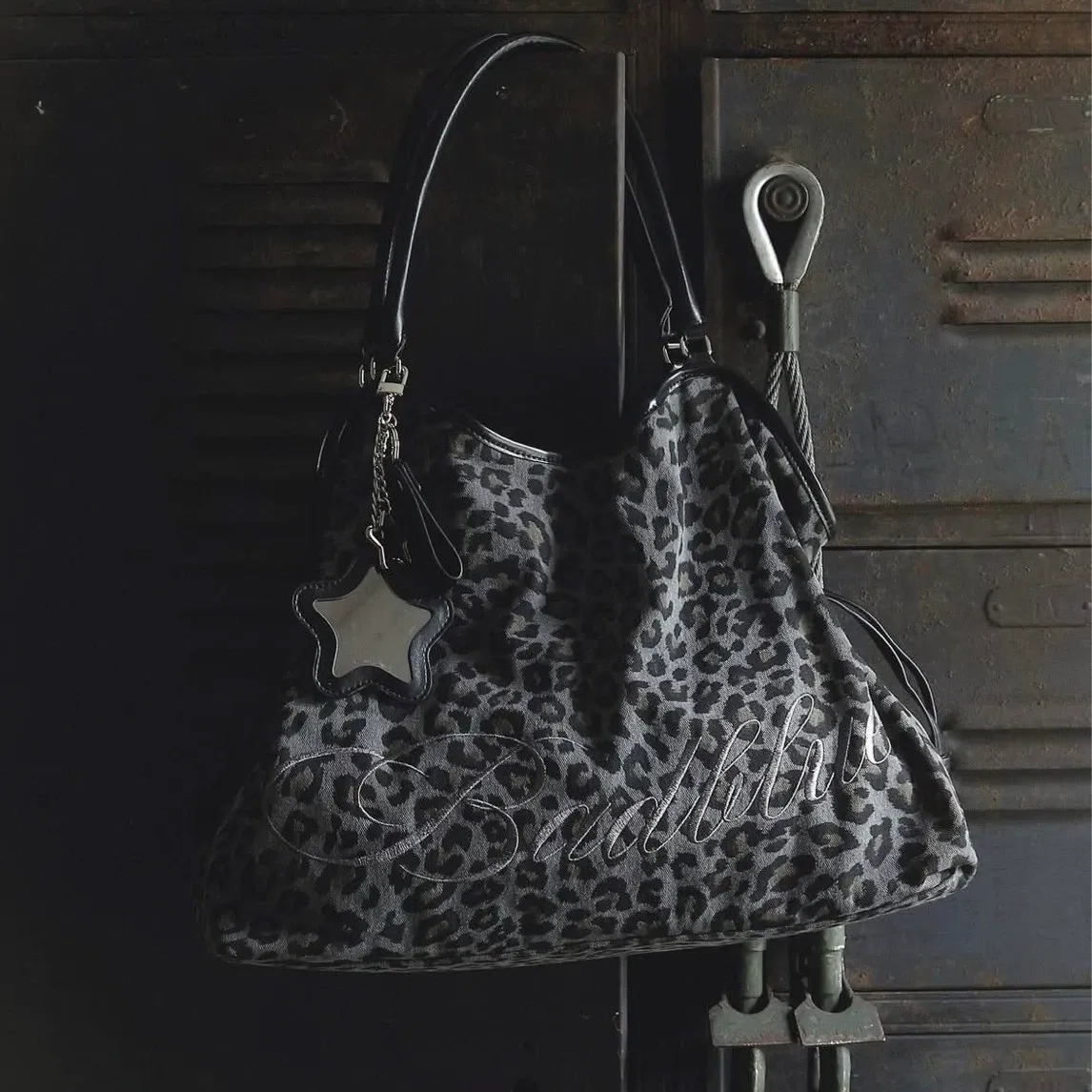 Korean Indie Brand 'badblue' Embroidered Leopard Print Shoulder Tote with Mirror Charm - Y2K Cute & Sexy Large Bag
