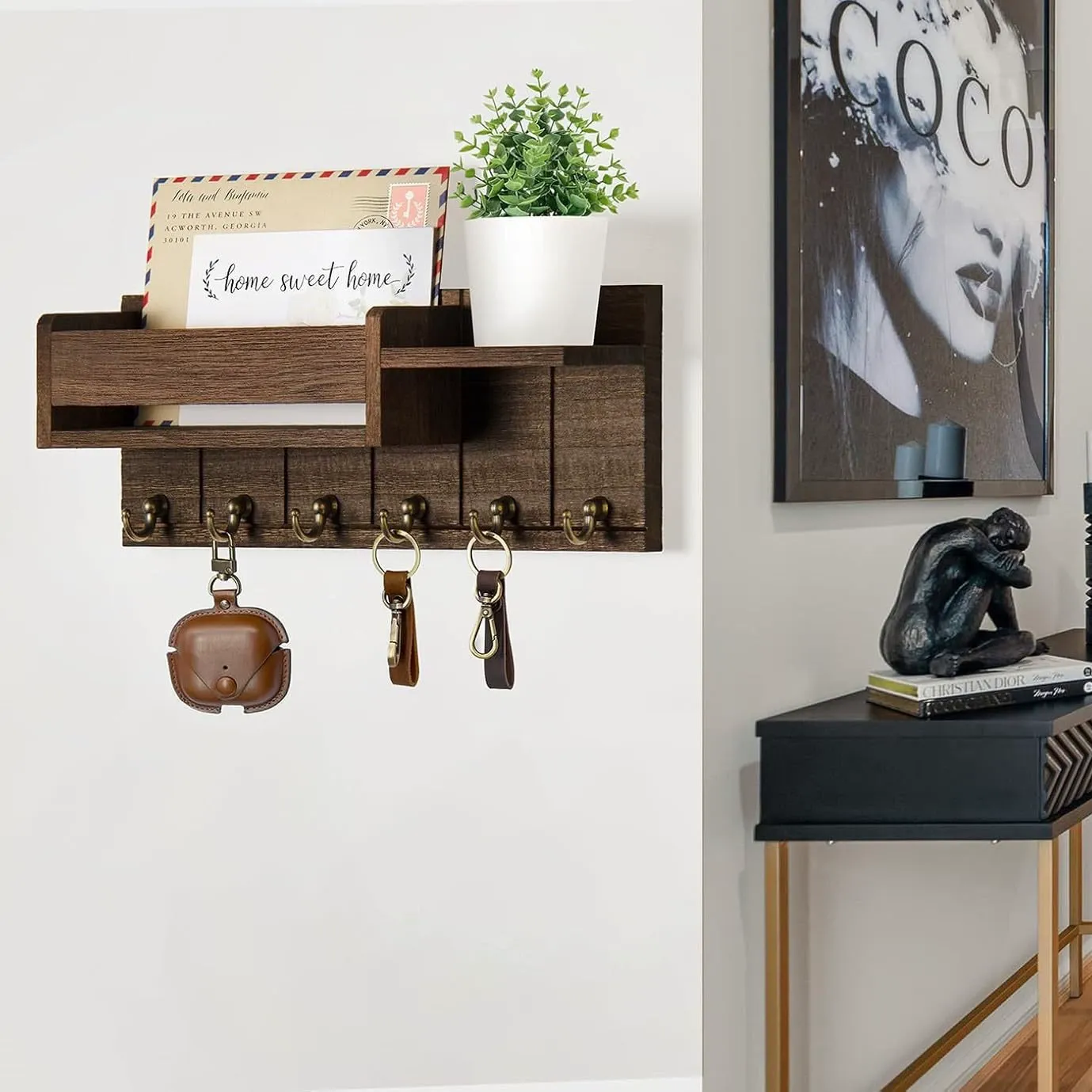 Wooden Wall-Mounted Organizer - Mail & Key Holder with Hooks for Bedroom, Study - Solid Wood Wall Shelf