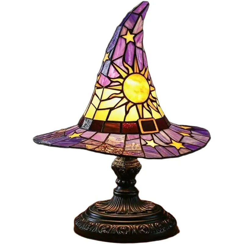 Stained Glass Witch Hat Lamp  Enchanted Witch Hat Night Lamp - Glowing Halloween Bedside Decor