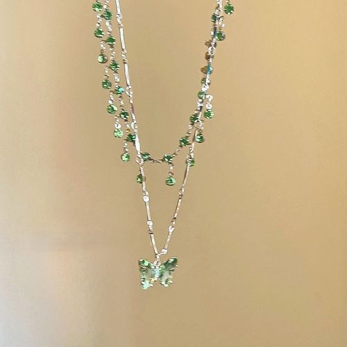 Green butterfly double-layer tassel necklace summer cool high-end choker necklace accessories female niche clavicle chain