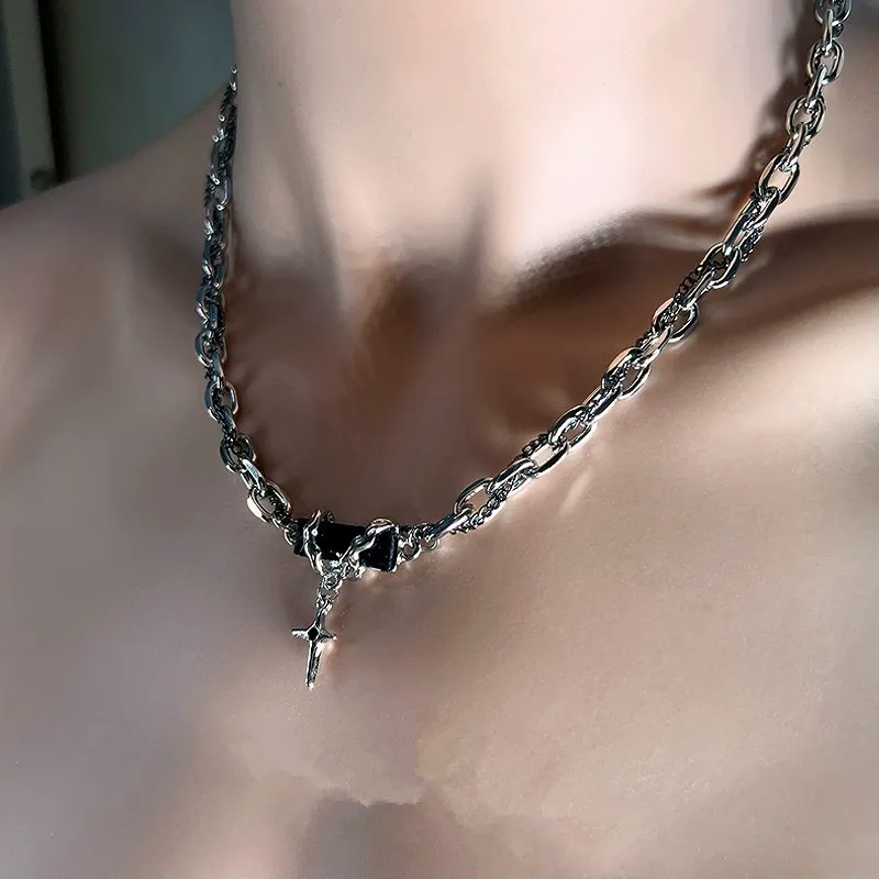 Niche Design Wrapped Black Zirconia Cross Statement Necklace - Unisex Titanium Steel Collarbone Chain for Trendy Clubbing