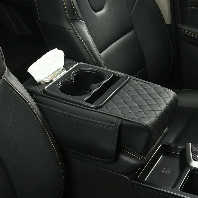 Car Leather Armrest Box Riser Pad, Multifunctional Cup Holder Car Tissue Box