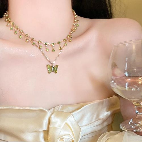 Green butterfly double-layer tassel necklace summer cool high-end choker necklace accessories female niche clavicle chain