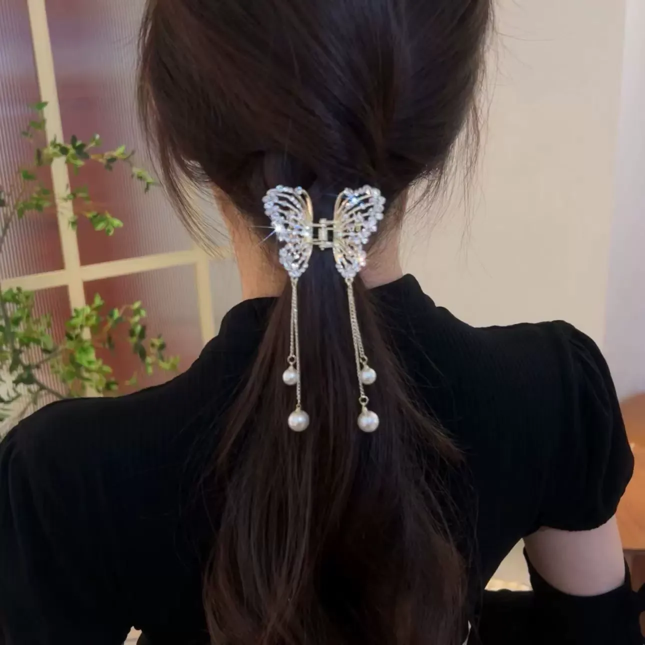 Light Luxury Hairpin - Crystal Butterfly Fairy Tassel Ponytail Clip  Sweet Snap Clip Hairpin