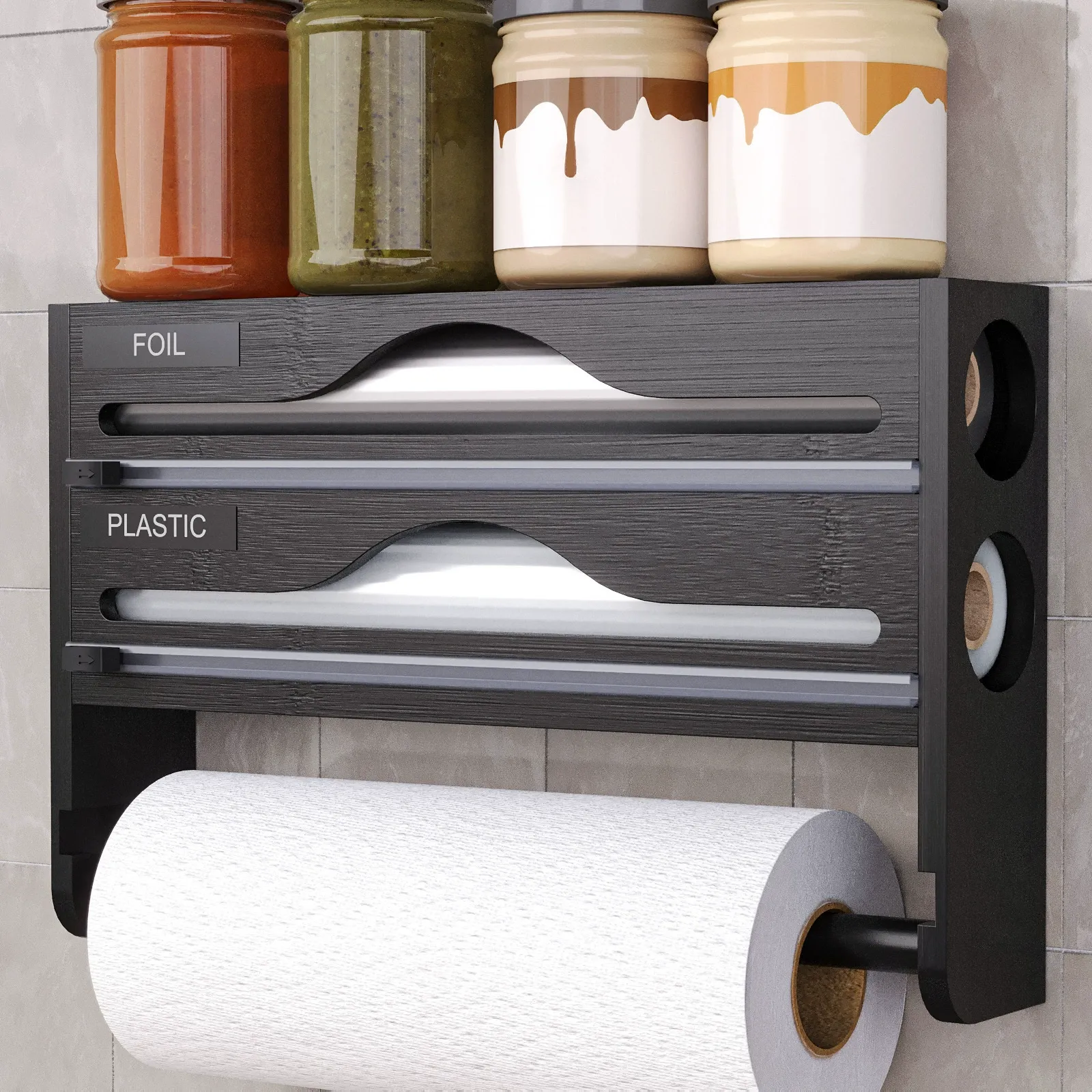 Kitchen Plastic Wrap Cutter - 3-in-1 with Paper Towel Holder, Foil and Parchment Paper Dispenser, Bamboo Storage Box