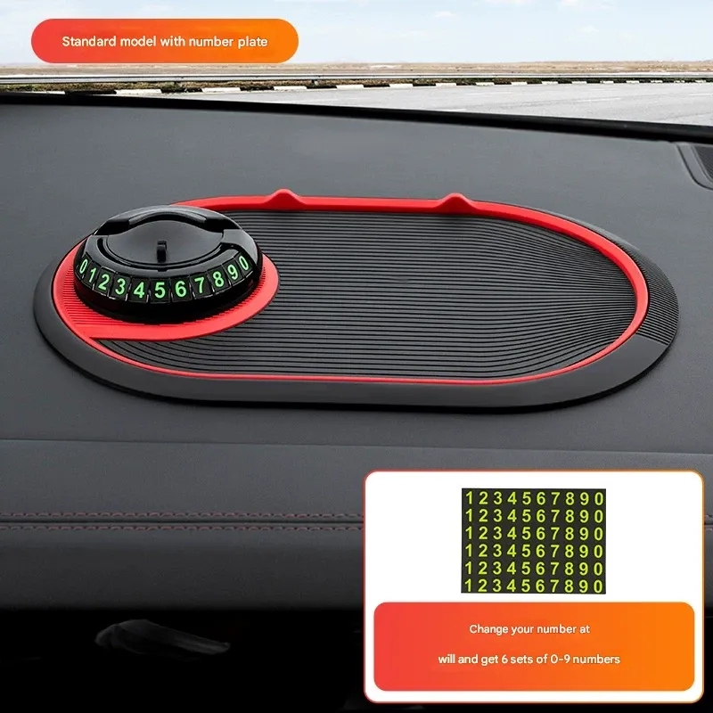 Multi-functional 4-in-1 Car Phone Holder - Features a Hideable Phone Stand, Slip-Free Pad, Navigation Mount, and Parking Number Card.