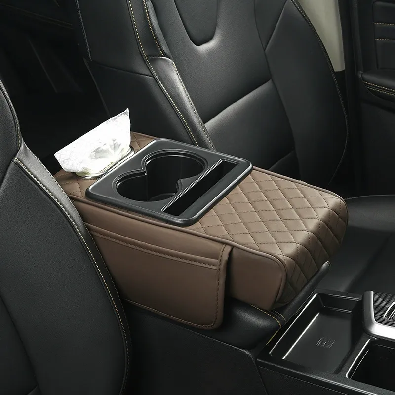 Car Leather Armrest Box Riser Pad, Multifunctional Cup Holder Car Tissue Box