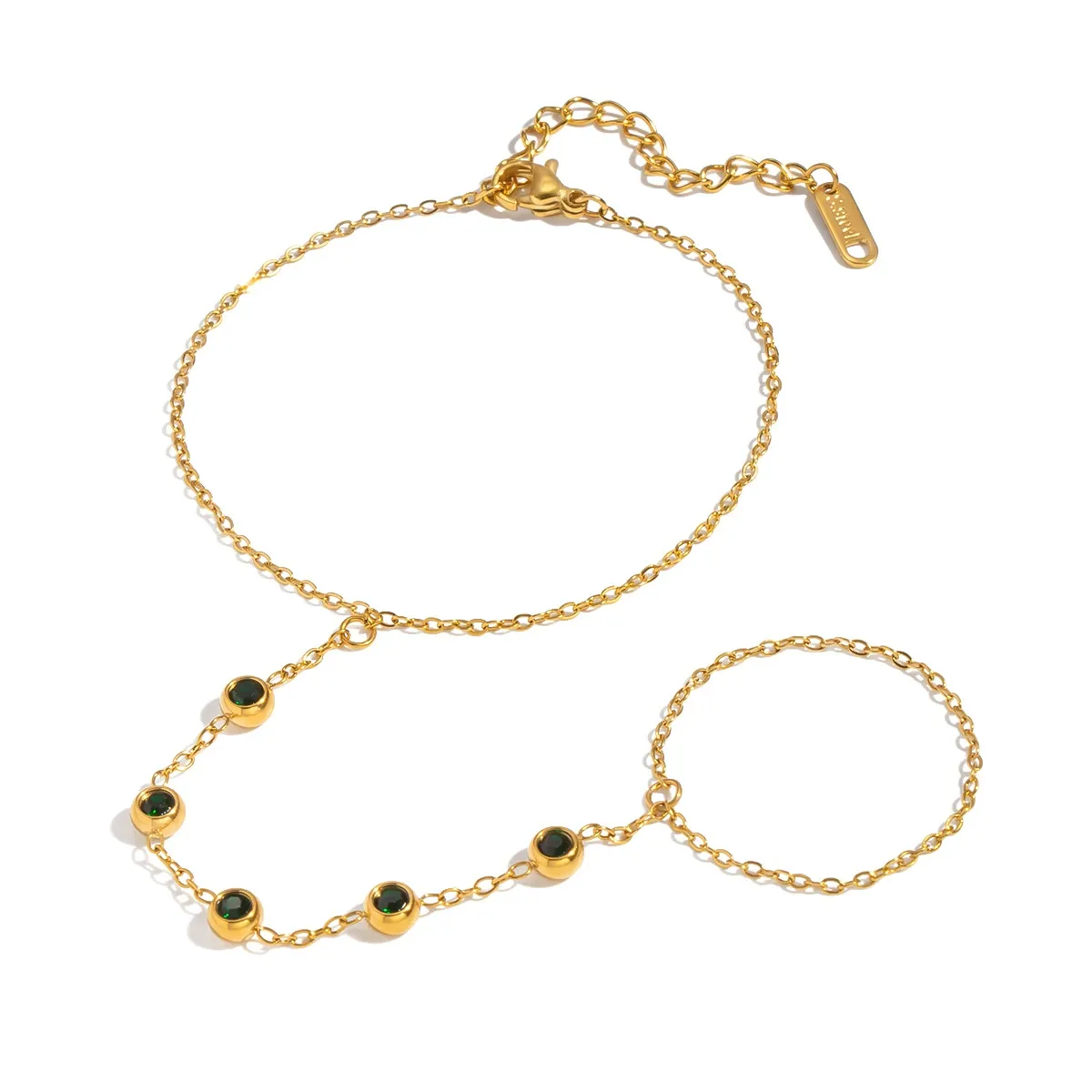 Bestselling 5-Green-Zircon Knuckle Ring  Finger Chain - Vacuum Plated 18K Gold Stainless Steel