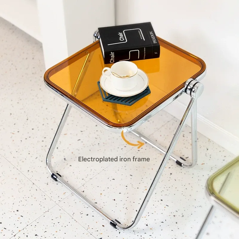 Transparent Amber Acrylic End Table for Living Room - Foldable Low Table for Bedside, Stylish Furniture