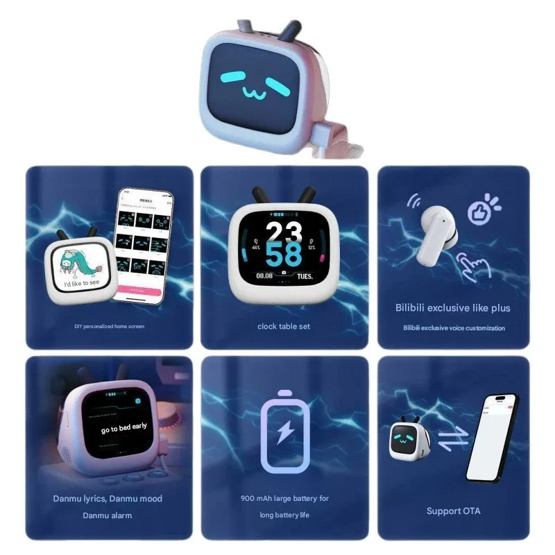 TV shaped earphones interactive at startup  displays time uploads photos  bullet screen lyrics playback  multiple modes to unlock