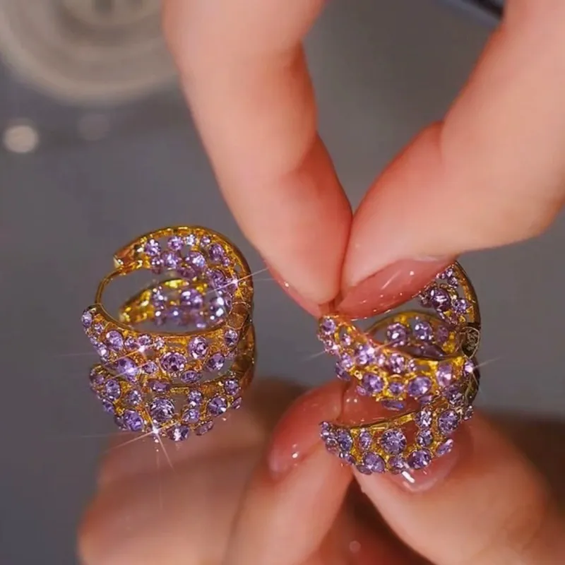 2025 New Arrival – Chic Purple Full-Diamond Hoop Earrings | Unique Indie Design – Exquisite & Versatile Statement Earrings