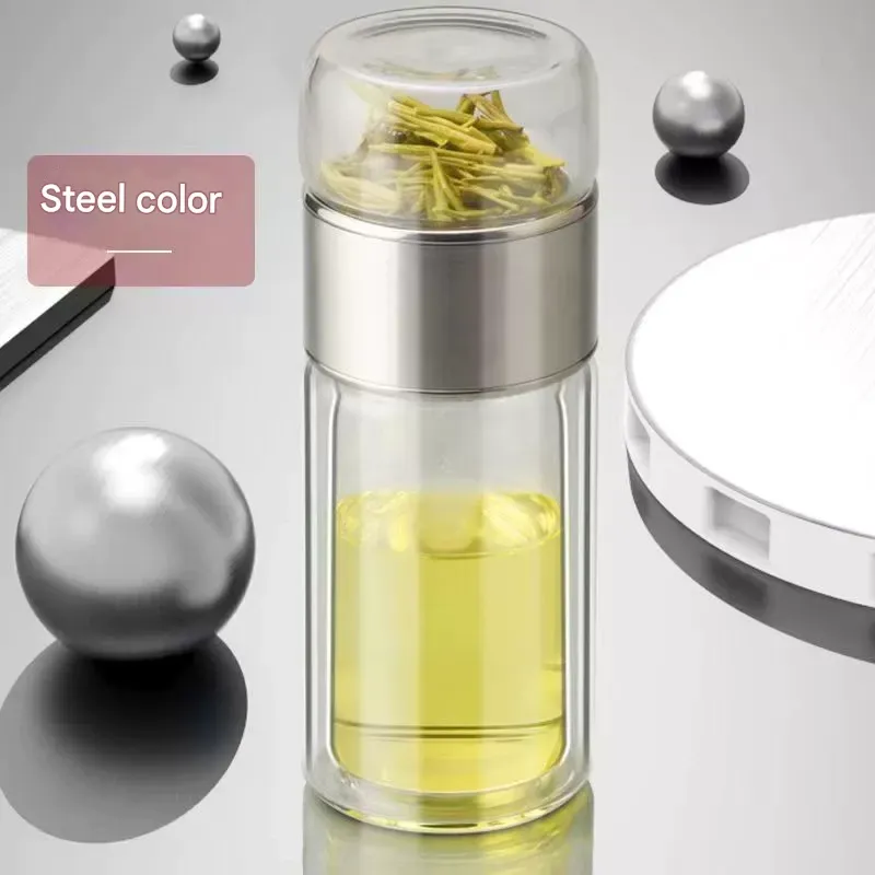 Tea-Infusing Glass Cup with Separate Compartment  Double-Walled Insulated Travel Tumbler