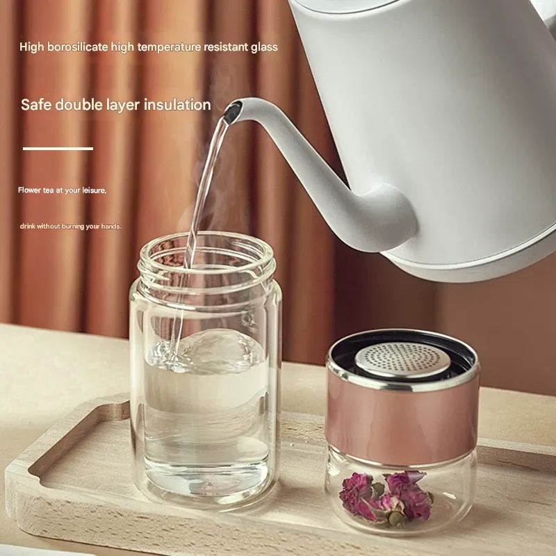 Tea-Infusing Glass Cup with Separate Compartment  Double-Walled Insulated Travel Tumbler