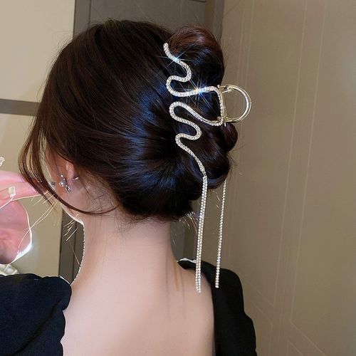 Instagrammable Luxury Crystal Hair Claw Clip – Large Serpentine Clutch with Fringe Chain, Elegant Back Hair Accessory