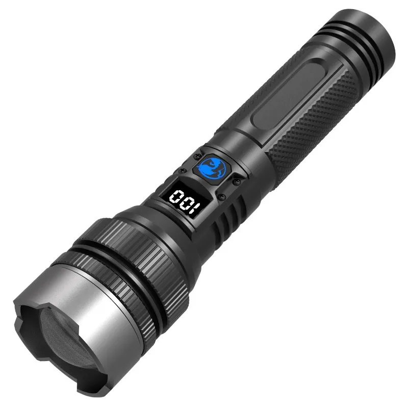 High-Power White Laser Flashlight, Multifunctional Digital Display Rechargeable Zoom Outdoor Patrol Searchlight