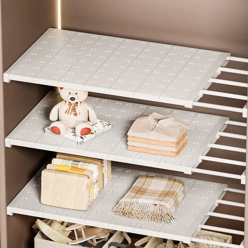 Closet storage shelf organizer, adjustable no-drill cabinet partition, dormitory shoe rack divider, kitchen storage shelf.