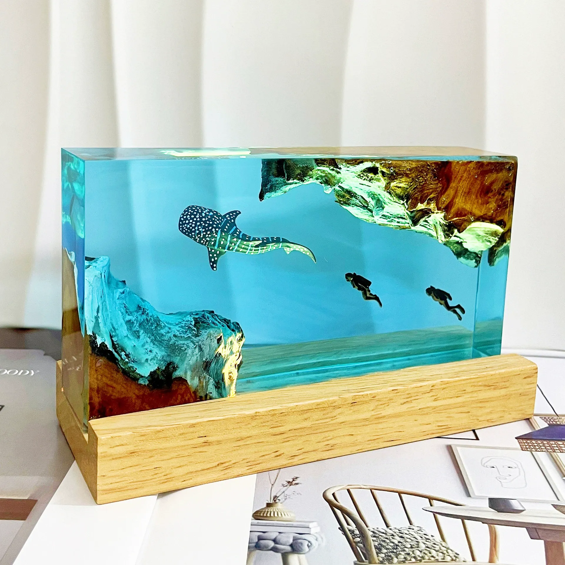 Whale Shark & Diver Resin Night Light  Scuba Diving Deep Sea Exploration Personalized Wood Lamp | Home Decor Gift