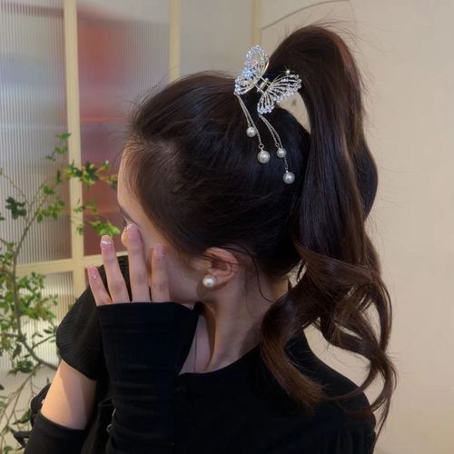 Light Luxury Hairpin - Crystal Butterfly Fairy Tassel Ponytail Clip  Sweet Snap Clip Hairpin