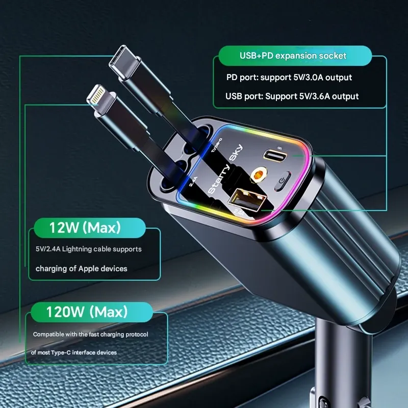 Starry Sky Car Charger 120W Super Fast Charge! 4-in-1 USB+Type-C Ports, Simultaneous Charging for Phones & Tablets - Transform Your Car into a Dreamy Starry Sky in Seconds