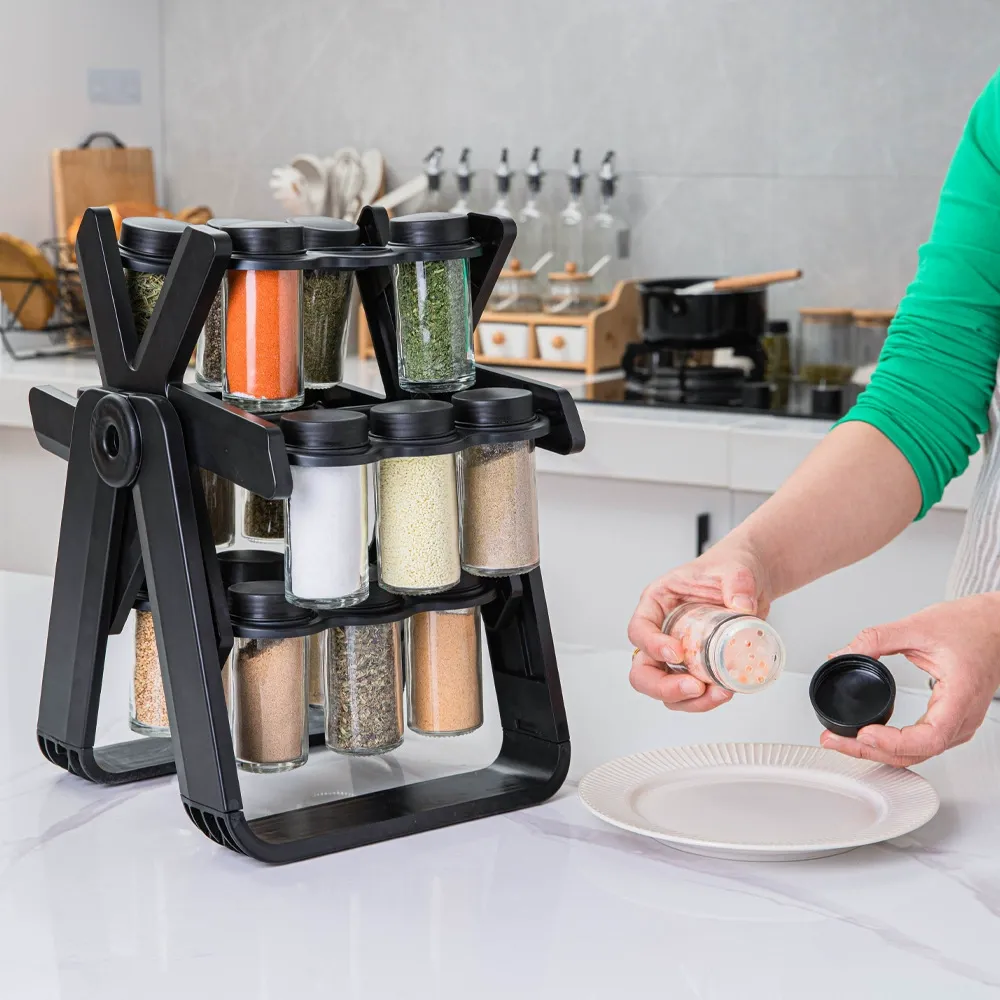 Rotating Spice Rack for Home – Kitchen Seasoning Storage Set with Glass Spice Jars, Organizer Shelf