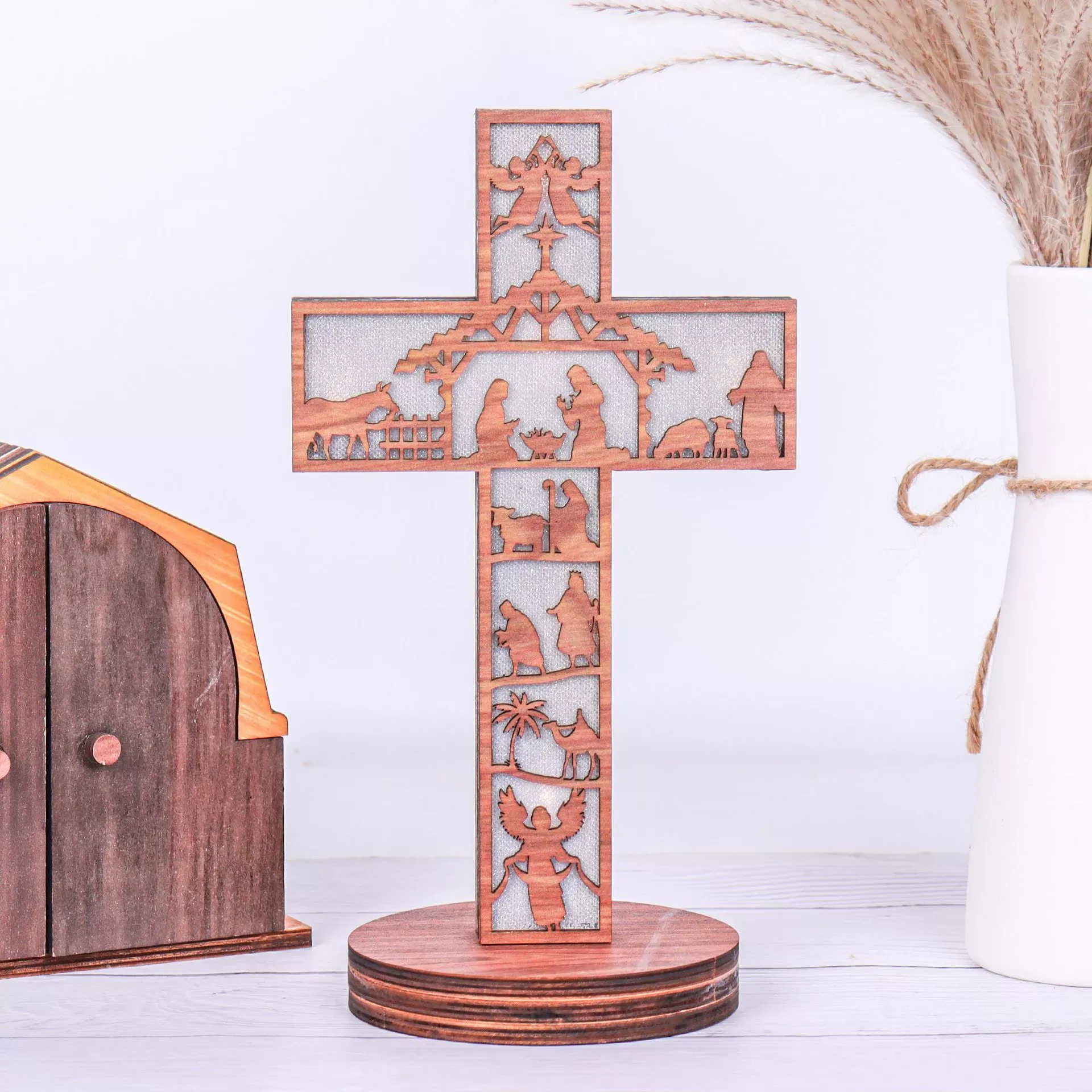Wooden Illuminated Cross – Handcrafted Home Decor LED Wood Carving Art Piece