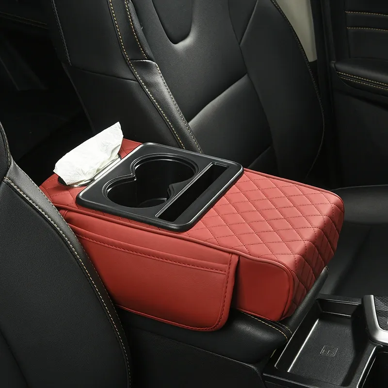 Car Leather Armrest Box Riser Pad, Multifunctional Cup Holder Car Tissue Box