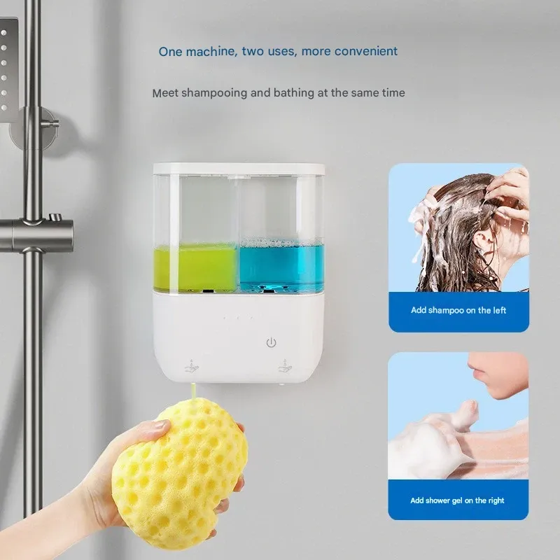 New Non-drill Dual-head Induction Hand Wash Dispenser  Large Capacity Hotel Soap Dispenser  Household Kitchen Wall-mounted Dish Detergent Dispenser