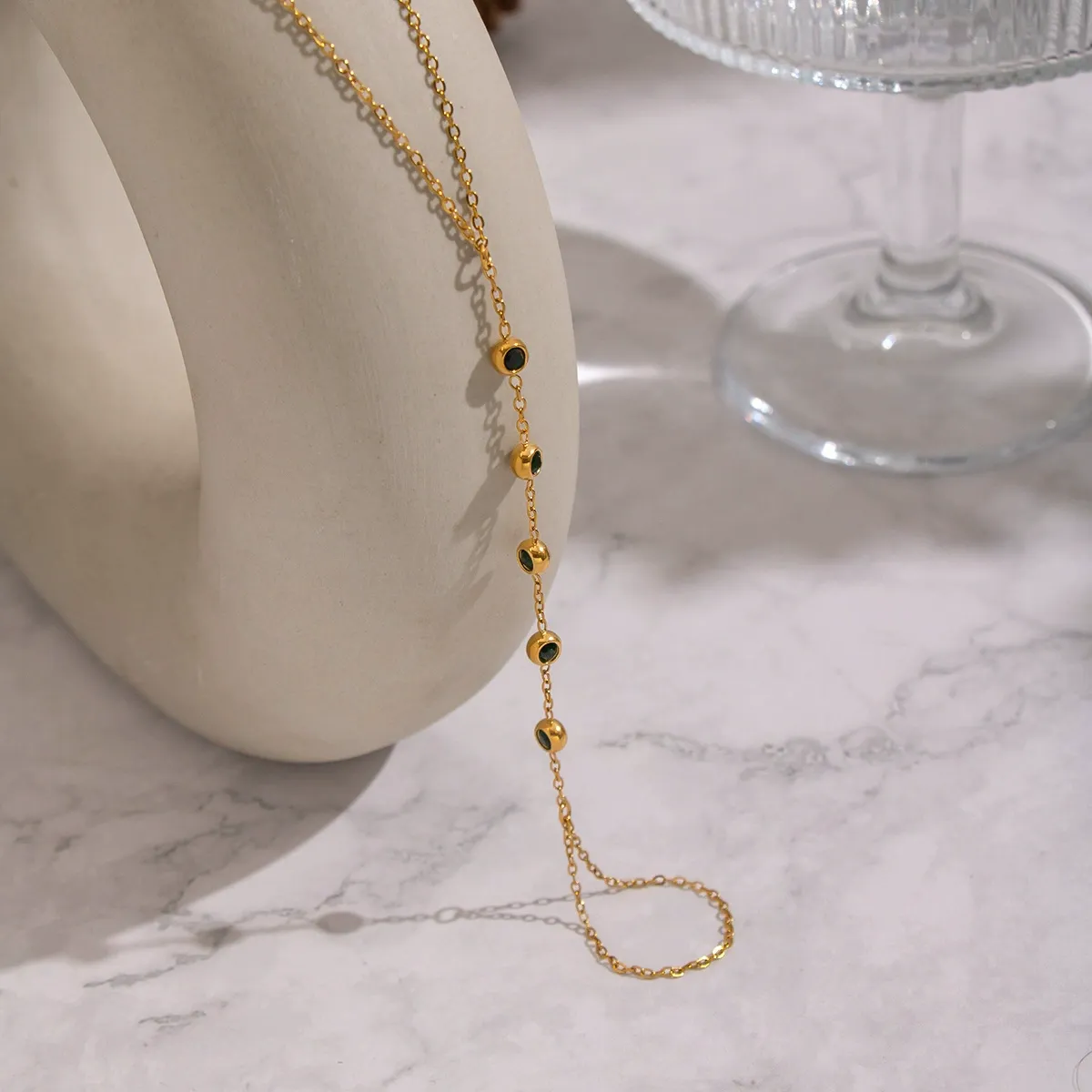 Bestselling 5-Green-Zircon Knuckle Ring  Finger Chain - Vacuum Plated 18K Gold Stainless Steel